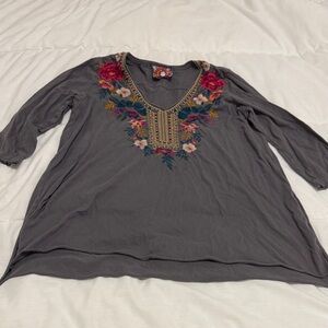 Johnny Was Gray Tunic with Floral Embroidery